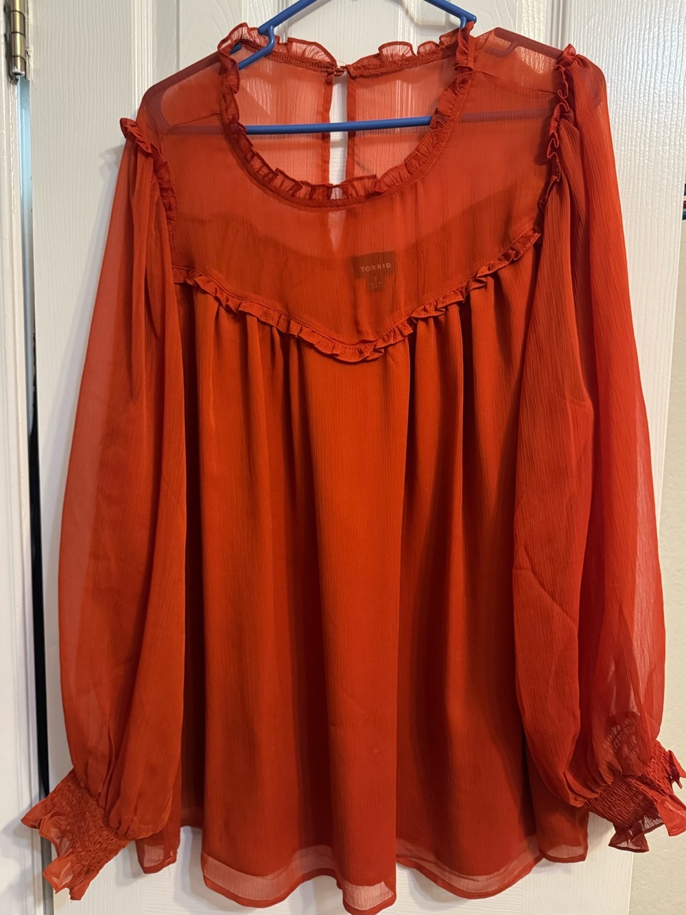 Torrid Red Sheer Ruffle Yoke Blouse